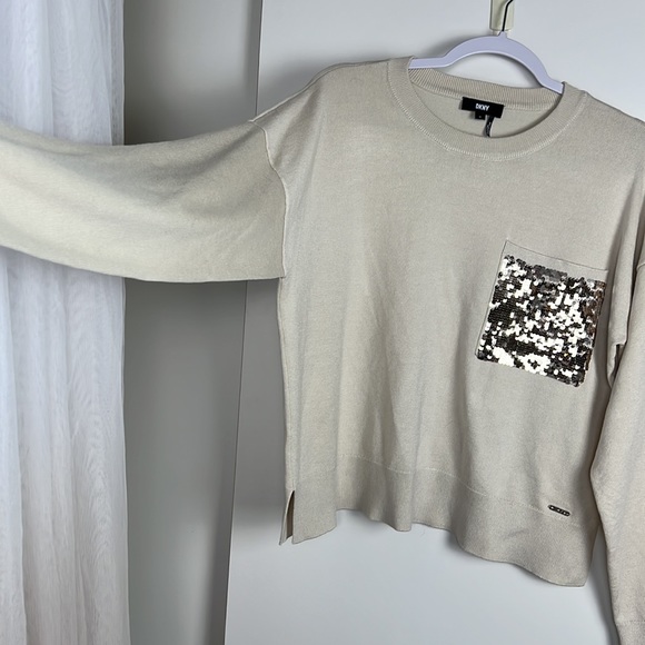 DKNY beige sequin pocket sweater - Picture 5 of 10
